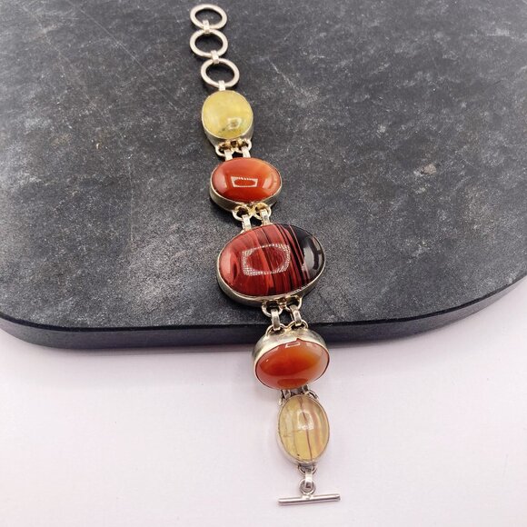 VINTAGE Sterling silver, fluorite, red obsidian, & possibly carnelian bracelet - Picture 7 of 12